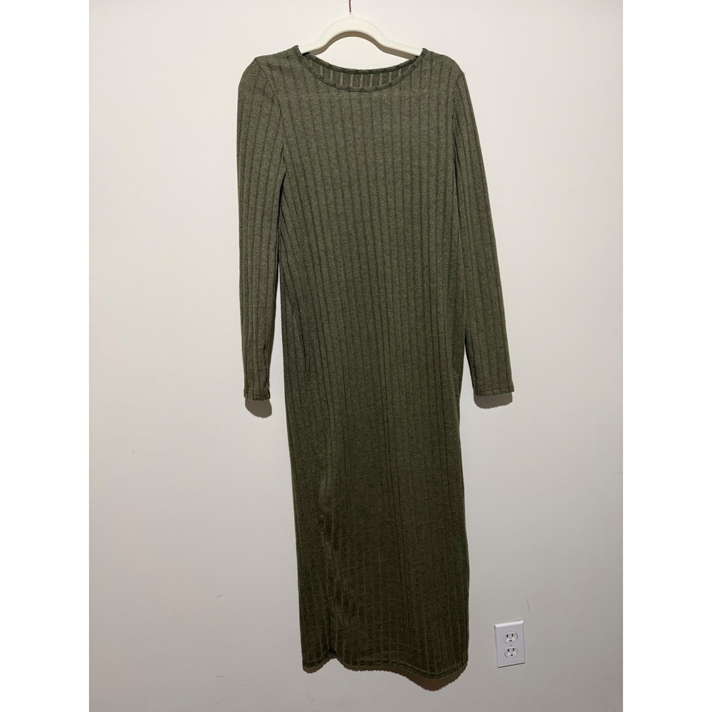 SHEIN Women Olive Green Ribbed Long Sleeve Side Slit Maxi Dress Size L 8/10